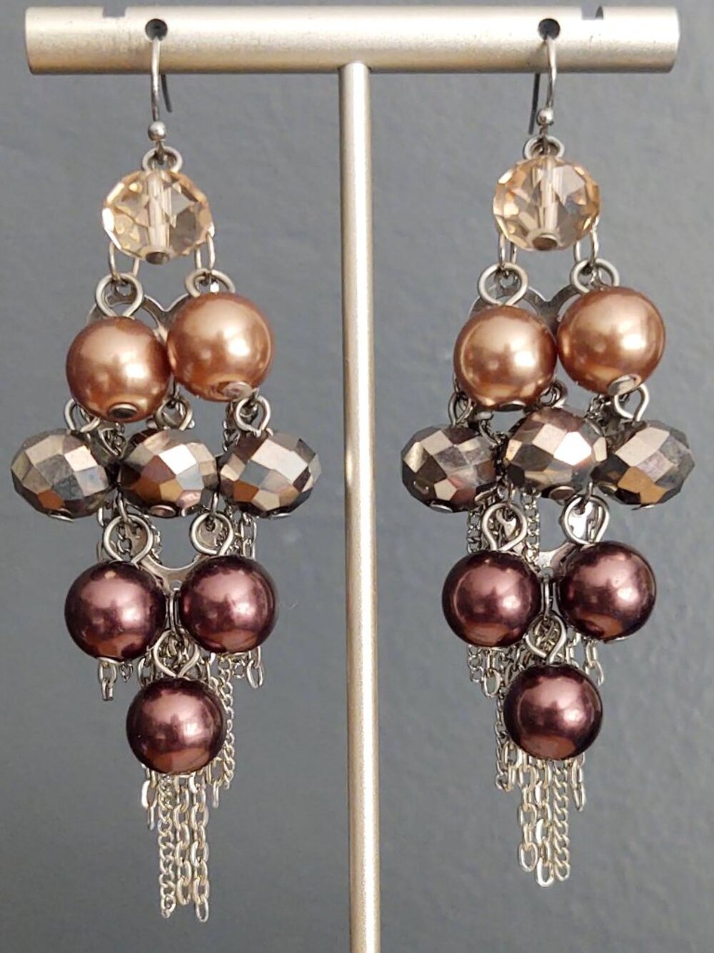Metallic shades of brown, dark gray and chain drop earrings
